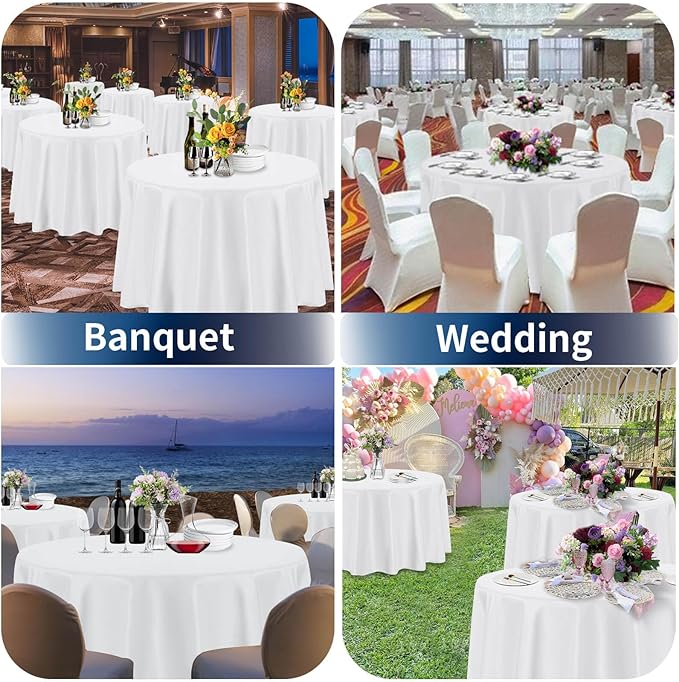PureFit 10 Pack Round White Table Cloths 90 Inch for Round Tables, Stain and Wrinkle Resistant Table Linens for Home Use, Wedding, Party, Banquet and Camping
