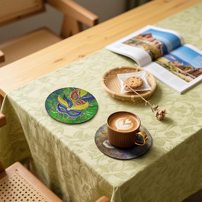 Mardi Gras Coasters Leather Round Drink Coasters 6 Pcs Set with Holderor for Cup Drink Coffee Table Bar Home Decor