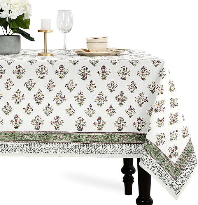 Cotton Print Club-100% Pure Cotton 80"x120" Tablecloth- Indian Hand Block Printed Rectangle - for Wedding, Mothers Day-Forest Green