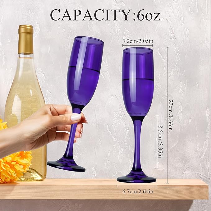 Champagne Flutes Glasses Set of 6-6oz Elegant Purple Glass, Unique Purple Colored Long Stem Champagne Flute Gift for Wedding, Anniversaries, Parties, Birthday, Restaurant, Home Bar