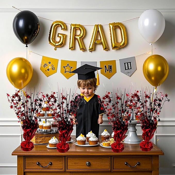 6 Pack 2026 Graduation Table Centerpiece Party Decoration Metallic Foil Spray Centerpiece Glitter Decor Star Tabletop for Graduation New Year NYE Birthday Casino Party Favor, Red and Black