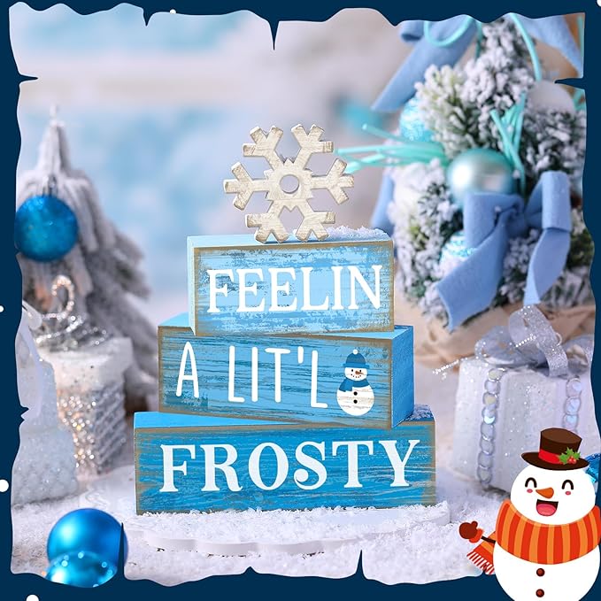 4 Pcs Winter Wooden Tabletop Decor Christmas Snowflake Tiered Tray Decor Rustic Wood Block Sign Gift Winter Centerpiece for Shelf Office Farmhouse Table Frozen Birthday Party Decoration