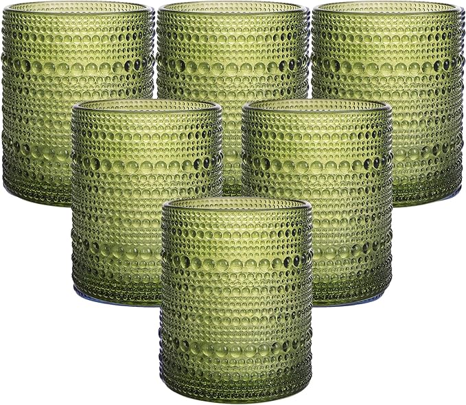 Moretoes Cocktail Glasses 10 oz Hobnail Drinking Glasses Set of 6, Vintage Glassware, Textured Glass Cups Bubble Glasses Water Glasses Old Fashion Jupiter Glasses Set (Green)
