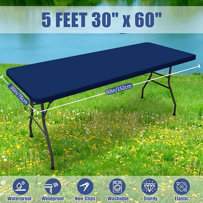 Spandex 5 Foot Rectangle Table Cloth 2 Pack, Elastic Fitted Tablecloths for Picnic, Stretch Washable Patio Table Cover for Outdoor, Camping, Banquet and Parties (Navy, 30"x60")
