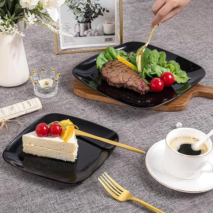 PULOTE 100 PCS Black Square Plastic Plates Disposable - Include 50 Each (10" Dinner & 7.25" Dessert) Plates - Ideal for Party & Halloween