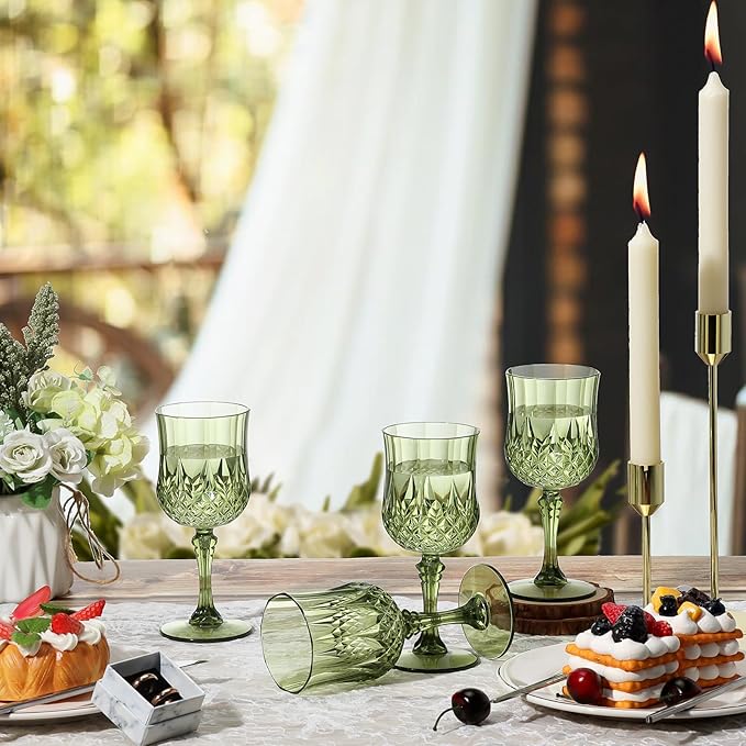 XUWAIDSGN 7oz Plastic Vintage Wine Glasses Drinking Glasses Unbreakable Wedding Glassware Crystal Water Goblets Reusable Drinkware Vintage Champagne Flutes (100, Dark Green)