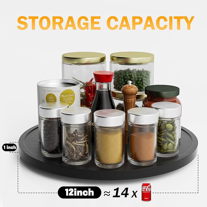 Lazy Susan Organizer Homerays 12 Inch Non-Skid Bamboo Lazy Susan for Kitchen Rotating Spice Rack for Kitchen Cabinet, Wood Turntable for Kitchen Countertop Organizer Black