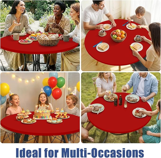 Round Spandex Tablecloth, Elastic Fitted Waterproof Tablecloths for 31"-35" Tables, Stretch Washable Picnic Table Cover for Camping, Dining, Indoor and Outdoor, Red