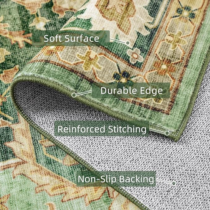Green Boho Washable 3x12 Extra Long Runner Rug for Hallway, Waterproof Large Kitchen Floor Rug, Non-Slip Stain & Fade Resistant, Vintage Floral Decor