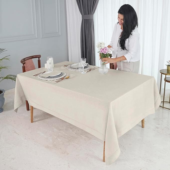 D'Moksha Homes Light Natural Linen Tablecloth for Rectangle Tables 60 x 144 Inch - 100% Pure Linen Natural Table Cloth - Classic Hemstitch, Machine Washable Dining Tablecloth for Valentines, Easter