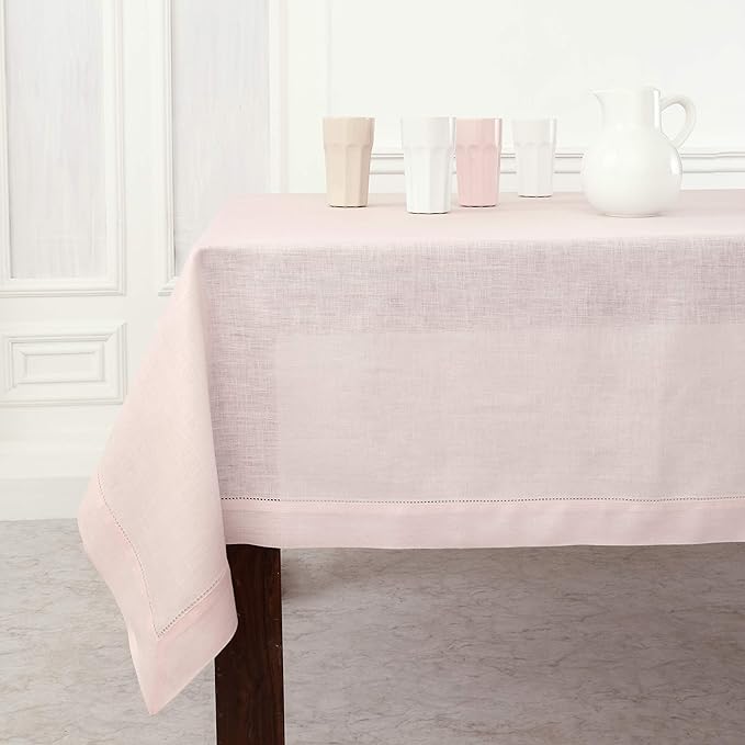 Solino Home Linen Tablecloth 60 x 108 Inch - Classic Hemstitch 100% Pure Linen Pink Table Cloth for Rectangle Tables - Machine Washable Tablecloth for Valentines, Spring, Easter