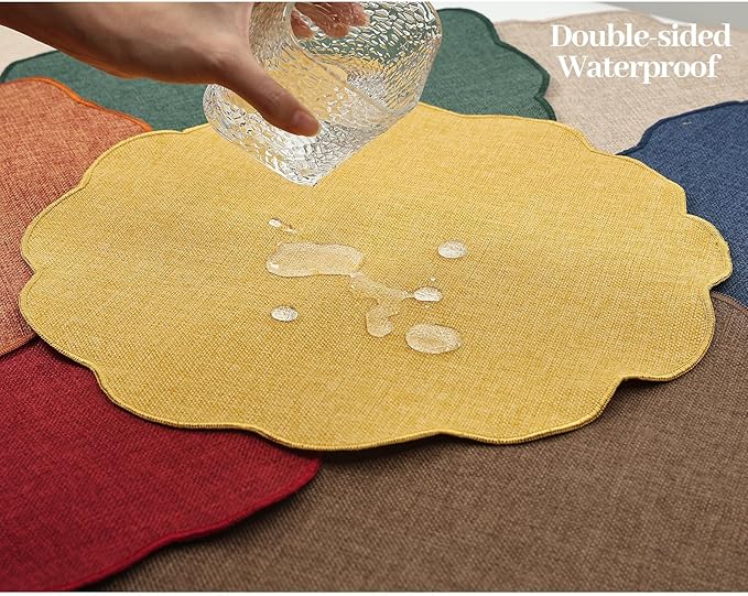 AHHFSMEI Round Faux Linen Placemats Set of 4 Waterproof Table Mats Heat Resistant Non-Slip and Stain Proof for Kitchen Dining Elegant Decor (Beige,4)