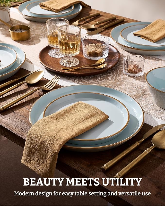 Famiware Saturn Dinnerware Sets, Plates and Bowls Sets for 4, 12 Pieces Stoneware Dish Set - Chip and Scratch Resistant, Microwave and Dishwasher Safe Tableware Set, Light Blue with Rim
