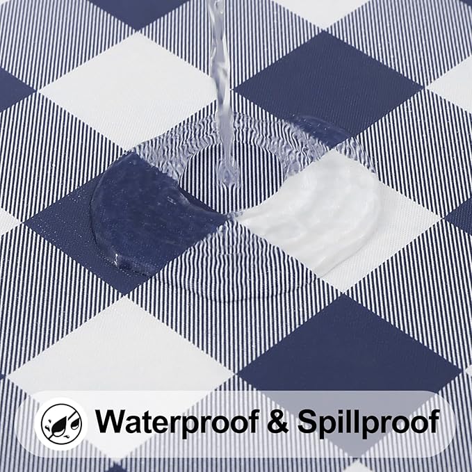 Smiry Rectangle Picnic Table Cloth, Elastic Waterproof Fitted Vinyl Tablecloths, Flannel Backed Buffalo Plaid Table Covers for Dining, Camping, Outdoor (White and Navy, 36" x 96")