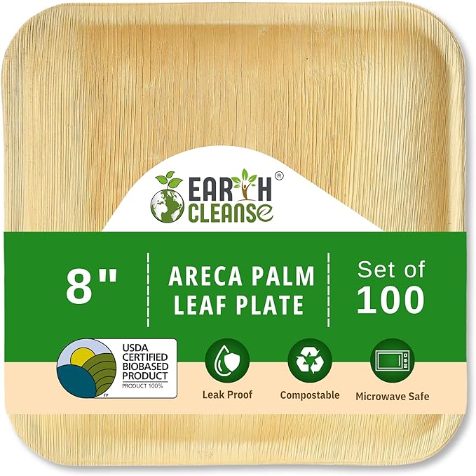 Compostable Palm Leaf Plates 8" Square (100 Pack) | Disposable Biodegradable Plates Like Bamboo & Wooden | Microwave & Oven Safe | Eco-Friendly