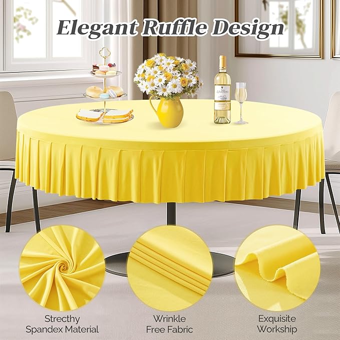 1 Pack Yellow Spandex Round Tablecloths for 72in Table, Stretchy Fitted 6FT Round Table Cloths, Wrinkle Free Table Cover with Skirt for Wedding Birthday Party Bridal Shower Banquet