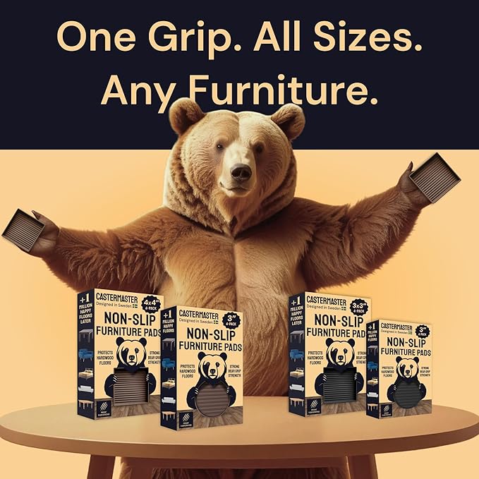 CasterMaster Rubber Feet Non-Slip Furniture Pads Square - 3 x 3 in Brown 8-Pack - Floor Protectors for Chairs & Hardwood Floors - Keep Furniture from Sliding