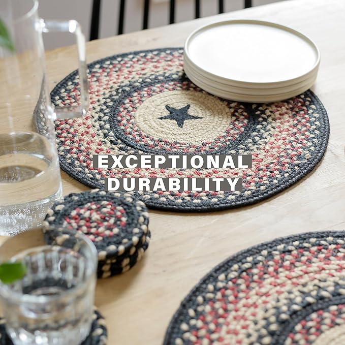 Homespice Primitive Star Gloucester Jute Braided Table Runner, Warm Primitive Decor, Set of 2, Black and Red Oval 8x28 - Rich Colors, Easy to Clean, Durable and Protects Furniture