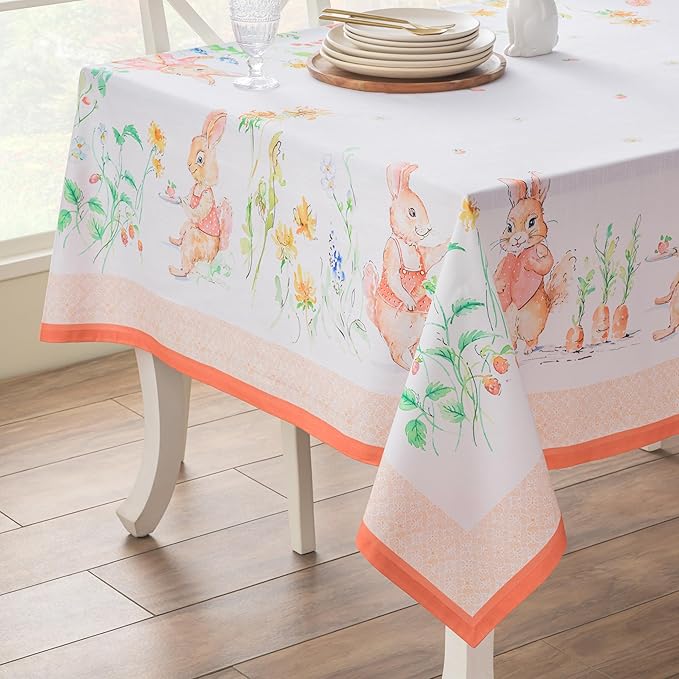 Maison d' Hermine Table Cloth Rectangle Table 100% Cotton 70 x 140 Inches Tablecloth Reusable Decorative for Dining Room Farmhouse Home Valentines Day Decorations Spring Summer - Bunny Party
