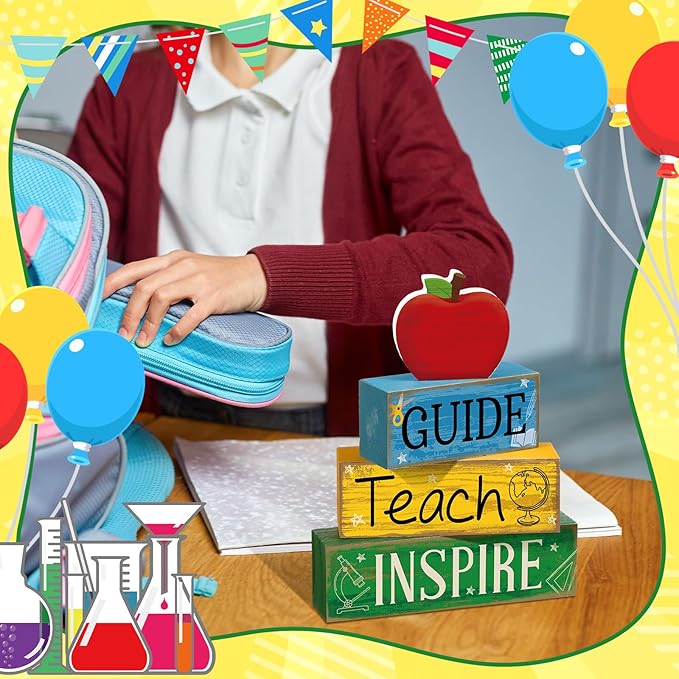 4 Pcs Back to School Table Decoration Apple Tiered Tray Decor End of School Year Teacher Appreciation Gift Decorative Apple Block Sign Centerpiece First Day Decor for Office Classroom