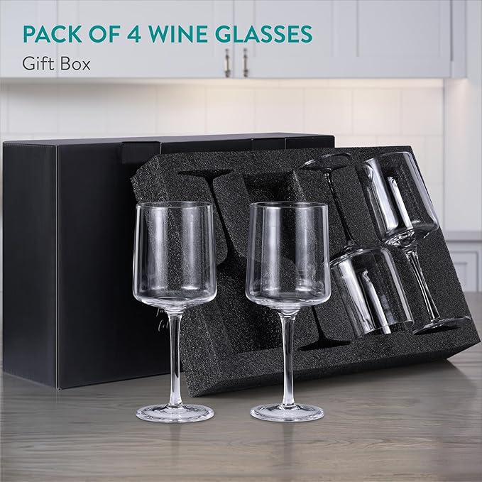 Navaris Clear Wine Glasses - Set of 4 - Transparent Wine Glasses with Stems - Stylish Design Glassware for Serving Wine, Cocktails, Dessert