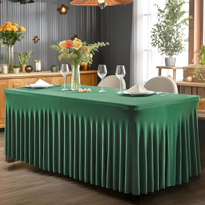 Wish Care 2 Pack Hunter Green Spandex Table Clothes for 4 Foot Rectangle Tables, 4FT Wrinkle Free Fitted Tablecloths Ruffles Design Table Cover for Party, Banquet, Wedding and Events