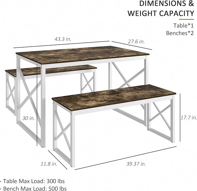 VECELO Kitchen Table with 2 Benches for 4, 43.3'' Wood Dining Room Dinette Sets with Metal Frame for Breakfast Nook and Small Space, Dark Brown