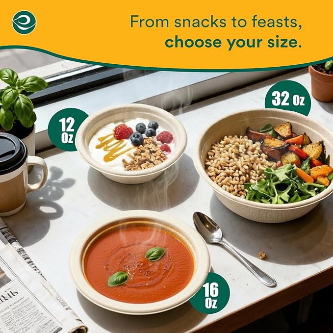 ECO SOUL 100% Compostable 12 Oz Soup Bowls [2 Packs of 100] Disposable Sturdy Bowls I Heavy Duty Paper Bowl I Eco-Friendly Salad Bowl I Biodegradable Small
