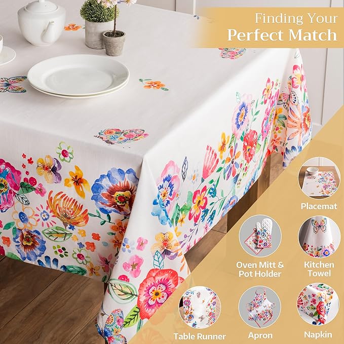 Maison d' Hermine Table Cloth Rectangle Table 100% Cotton 70 x 90 Inches Tablecloth Reusable Decorative for Dining Room Farmhouse Valentines Day Decorations Spring Summer - Happy Florals - High Summer
