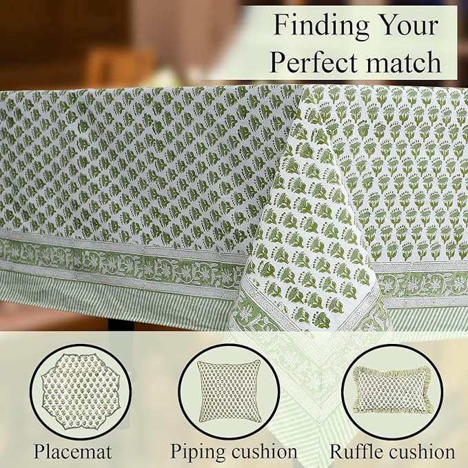 CPC Tablecloth 100% Cotton 60x90 Inch Indian Block Print Rectangle Table Cover, Washable Table Cloth for Weddings, Spring/Summer, Barbeque - Emerald Green