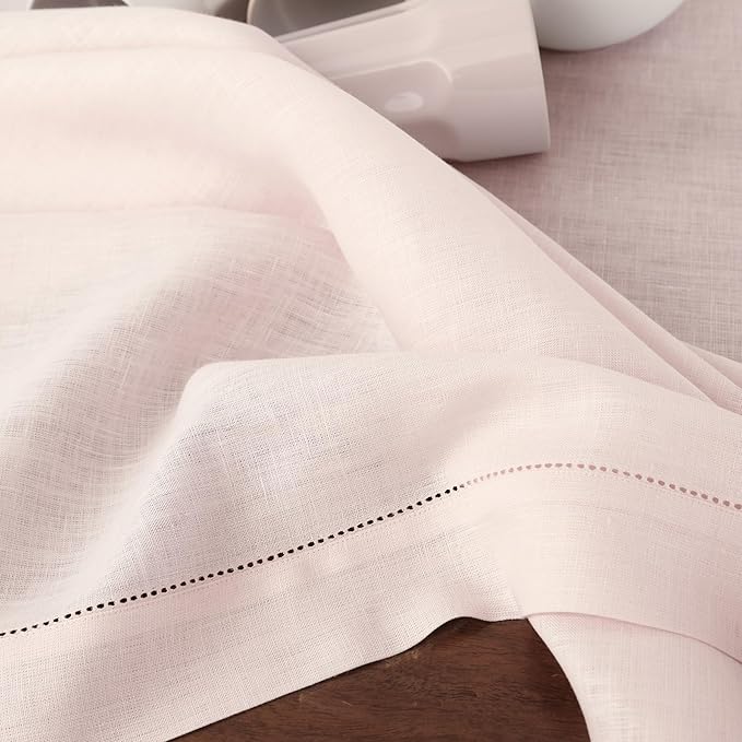 Solino Home Linen Cloth Placemats Set of 6-100% Pure Linen Hemstitch Pink Placemats 14 x 19 Inch - Classic Hemstitch Table Place Mats for Valentines, Spring, Easter