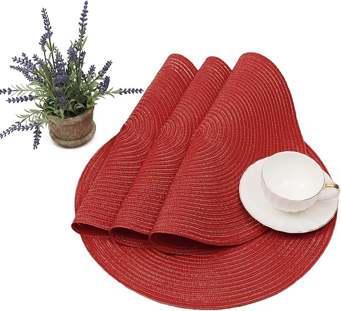 SHACOS Round Placemats Set of 4 Non Slip Washable Place Mats 15 inch Cotton Polyester Braided Placemat for Christmas Home Wedding Party Dining Table Decor (Red, 4)