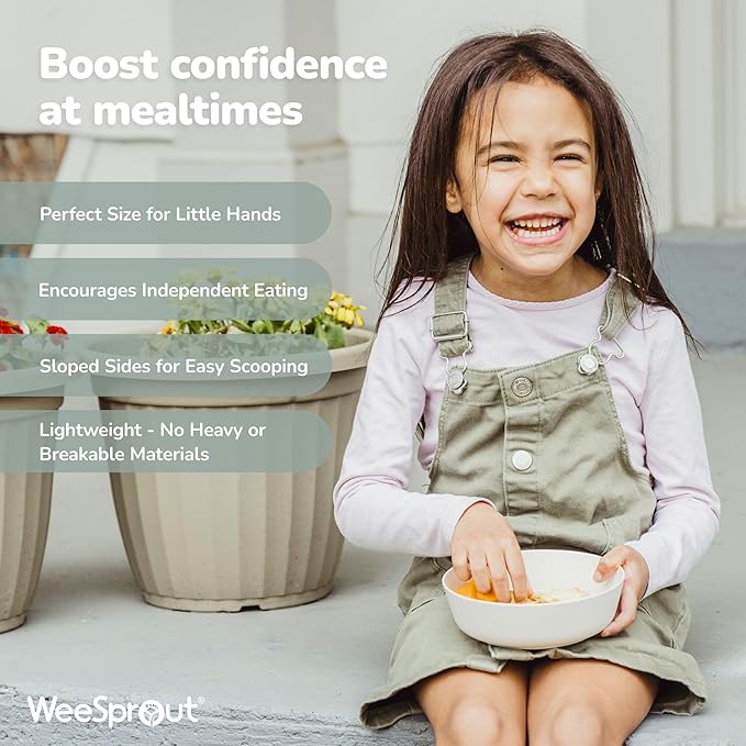 WeeSprout Bamboo Kids Bowls, Set of Four 15 oz Kid-Sized Dinnerware, Cereal, Leftovers & Snack Bowl, Dishwasher Safe (Pink, Green, Gray, & Beige)