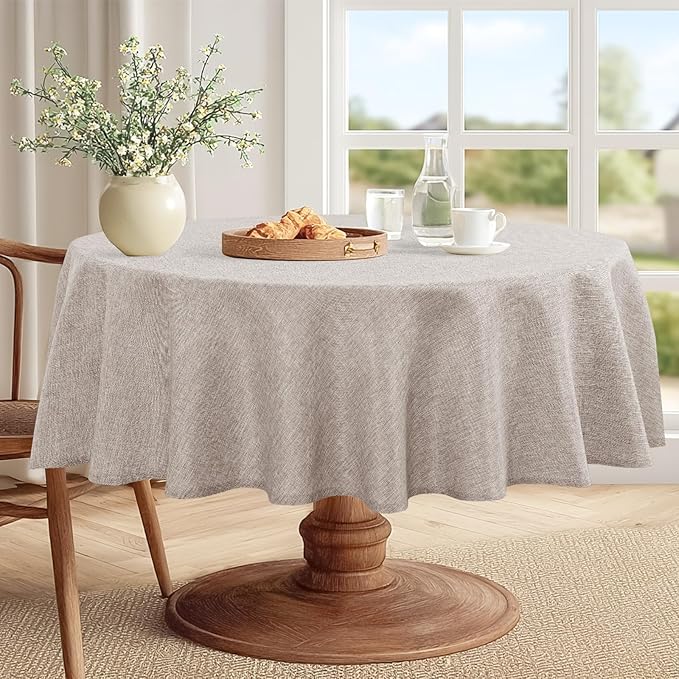 JIUZHEN Round Textured Table Cloth Linen Wrinkle Free Stain Resistant Farmhouse Decorative Circular Tablecloth for Kitchen, Dining, Party, Wedding, Outdoor Use (45 Inch Round,Stone)