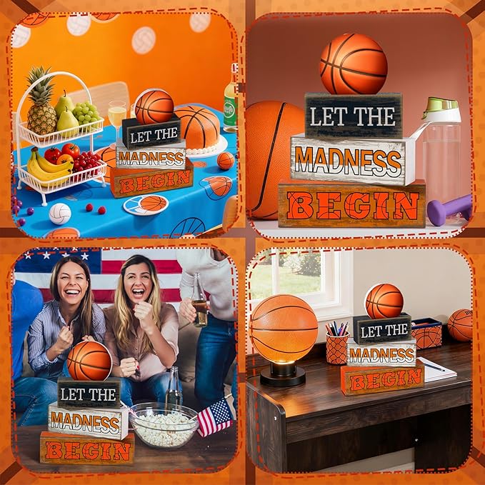 4 Pcs Basketball Wooden Table Decorations Basketball Tiered Tray Decor Birthday Party Table Centerpieces Rustic Wood Block Sign Gift Centerpiece for Birthday Baby Shower Shelf Room Party