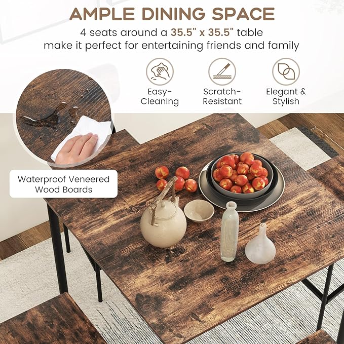 Giantex 5-Piece Dining Table Set W/Counter Height Table & 4 Bar Stools, Industrial Kitchen Dining Set W/Footrest & Backrest, Space-Saving Dinette Set for Pub, Dining Room, Restaurant (Mix Brown)