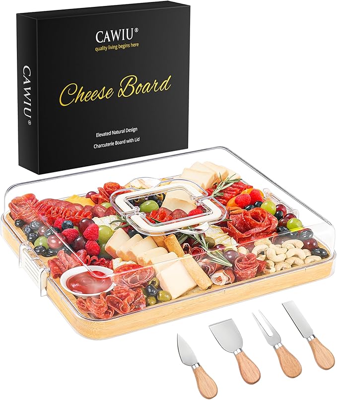 Portable Travel Charcuterie Board with Lid and Handle - Large Bamboo Cheese Board with 4 Cheese Knife Set for Outdoor, Picnics - Weddings, House Warming Gift for Women (6 Compartments, White)