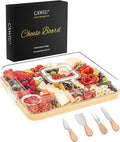 Portable Travel Charcuterie Board with Lid and Handle - Large Bamboo Cheese Board with 4 Cheese Knife Set for Outdoor, Picnics - Weddings, House Warming Gift for Women (6 Compartments, White)