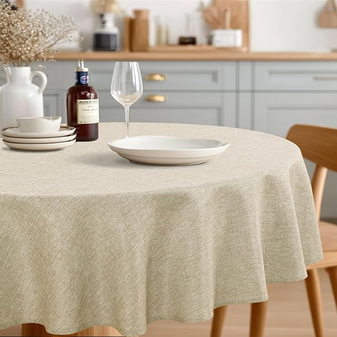 JIUZHEN Round Textured Table Cloth Linen Wrinkle Free Stain Resistant Farmhouse Decorative Circular Tablecloth for Kitchen, Dining, Party, Wedding, Outdoor Use (45 Inch Round,Beige)