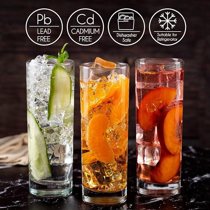 Volarium Highball Glasses with Heavy Base, Clear Drinking Glasses Set for Water, Juice, Cocktails, Wine, Beer, and Whiskey, 12 1/4 Ounce, Set of 6 (Highball Glasses)