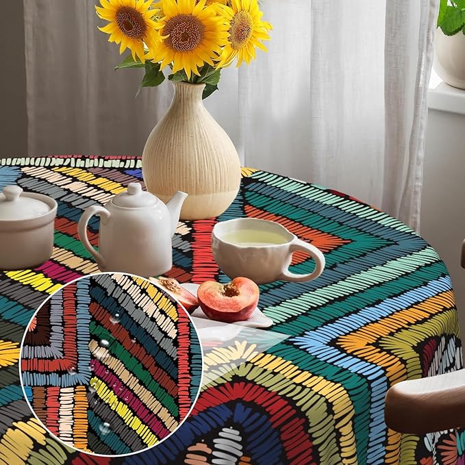Laeacco 42 Inch Colorful Patchwork Round Tablecloth Woven Geometric Pattern Abstract Art Print Table Cloth Washable Waterproof Wrinkle Free Table Cover for Kitchen Dining Picnic Party Decoration