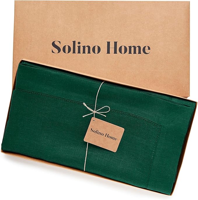 Solino Home Rainforest Green Linen Tablecloth 60 x 108 Inch - Classic Hemstitch, 100% Pure Linen Rectangular Tablecloth - Machine Washable Table Cloth for Winter, St Patricks Day
