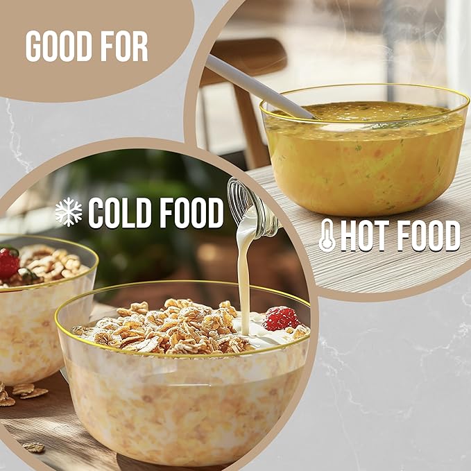 Trendables Clear Plastic Bowls - 24 Oz Set of 10, Gold Rimmed, Fancy Serving Bowls - Perfect for Ice Cream, Salad, Candy