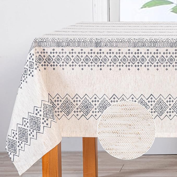 MYSKY HOME Boho Rectangle Tablecloth 60x84 Inches Linen Fabric Oblong Table Cover Farmhouse Decoration Waterproof Classic Bohemian Tablecloth for 4 Feet Table, Indoor and Outdoor Use, Grey Tablecloth
