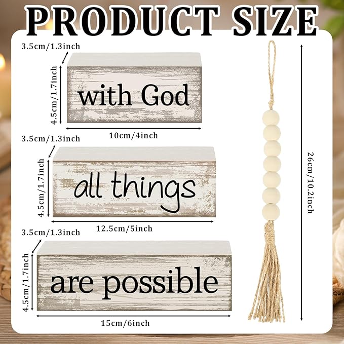 4 Pcs Farmhouse Wooden Tabletop Decor Farmhouse Tiered Tray Decor Rustic Retro Wood Bead Garland with God All Things are Possible Block Sign Neutral Centerpiece Sign for Home Shelf Mantle