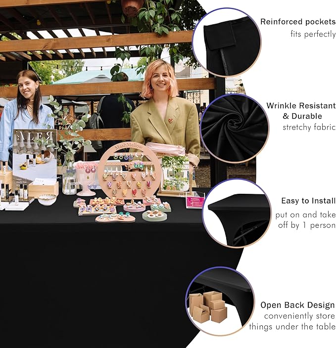 Nasitos 2 Pack Black Table Cloth 6 Foot-Spandex Fitted Tablecloth Rectangle Tables, Open Back Stretch Folding Trade Show Table Covers Fabric Washable & Wrinkle Resistant for Parties, Wedding, Event