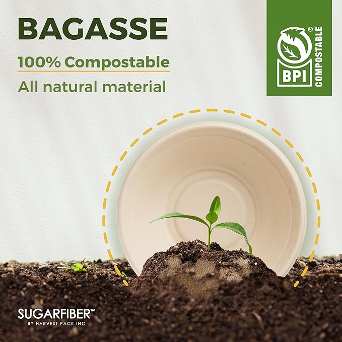 [500 COUNT]Harvest Pack PFAS FREE 24oz Compostable Bowls, Round Soup Paper Heavy-Duty Eco-Friendly Disposable Bagasse Bowl, sugarcane made plant fibers for Meal Prep