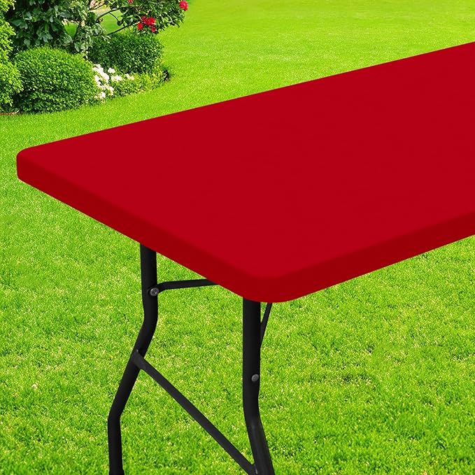 Smiry Rectangle Picnic Table Cloth, Waterproof Elastic Fitted Tablecloths for 6 Foot Tables, Washable Polyester Table Cover for Camping, Indoor and Outdoor (Red, 30"x72")