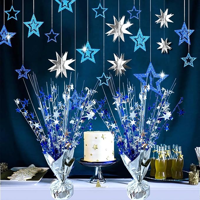 6 Pack Metallic Foil Spray Centerpiece Star Table Decoration Burst Table Centerpieces for Birthday Wedding Anniversary Graduation Holiday Party Supplies Decor, Silver Blue