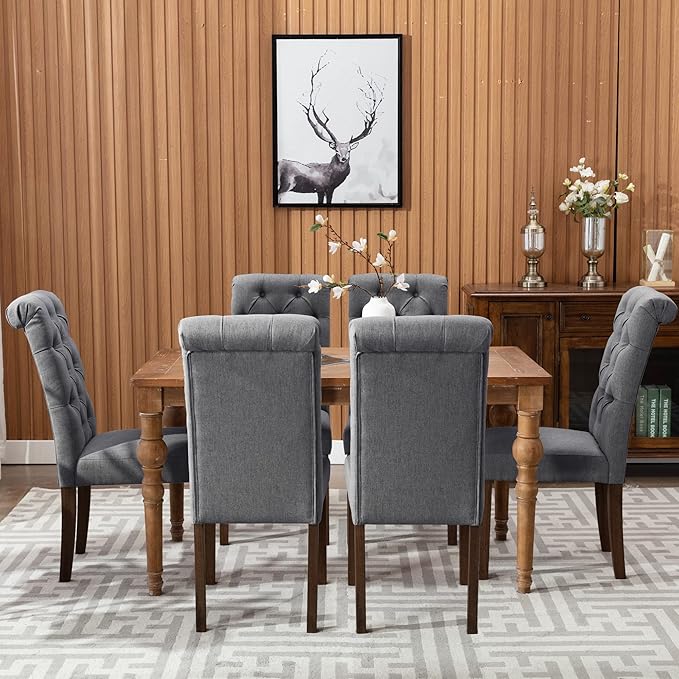 COLAMY Button Tufted Dining Chairs Set of 2, Parsons Upholstered Fabric Dining Room Chairs Kitchen Chairs with Wood Legs and Padded Seat, Dark Grey
